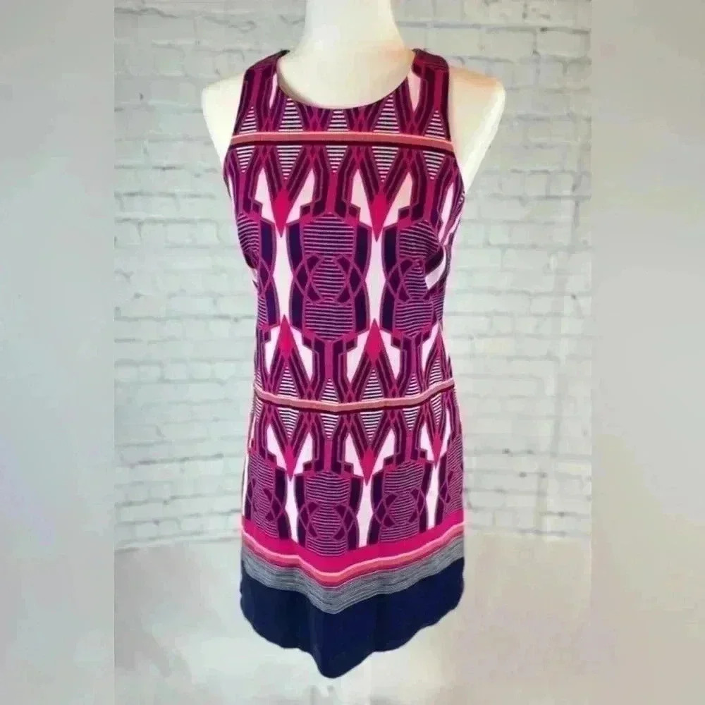 Crown & Ivy Sleeveless Shift Dress Pink & Navy Geo‎ Texture Design Women's Sz 4